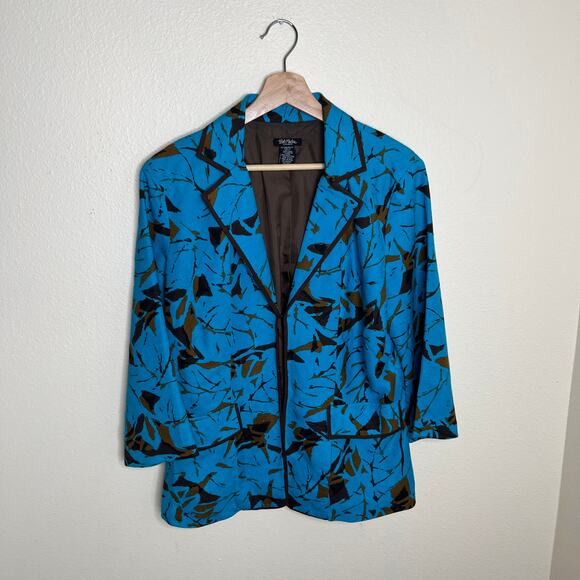 Bob Mackie Studio Blue Brown Leaf Pattern Linen Blend Jacket 10 - Picture 1 of 8